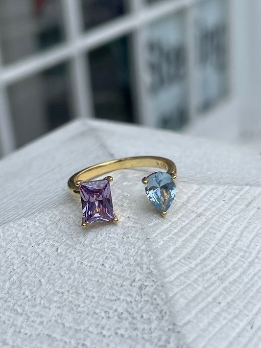 925 Sterling Silver Vermeil Two Stone Open Size Wrap Around Ring