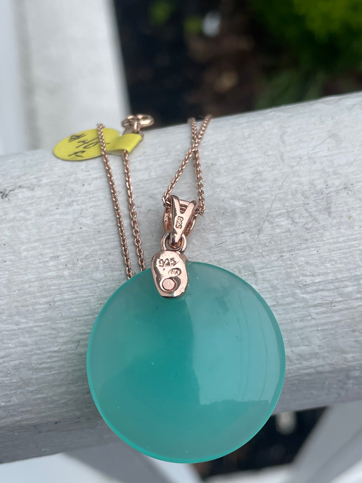 925 Sterling Silver Rose Vermeil Green Chalcedony Disc Necklace 20”