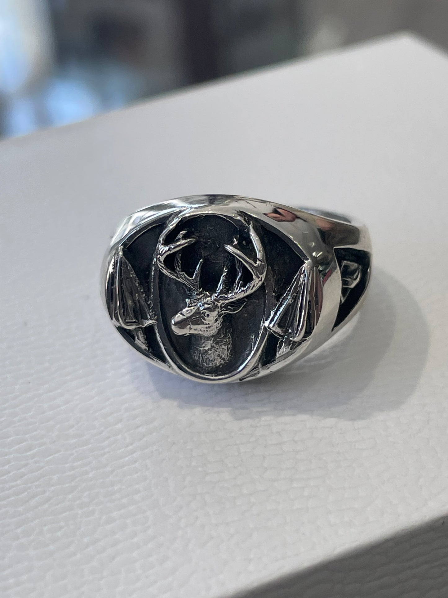 Silver Men’s Deer Stag Hunter Signet Ring 925 Sterling Size 10
