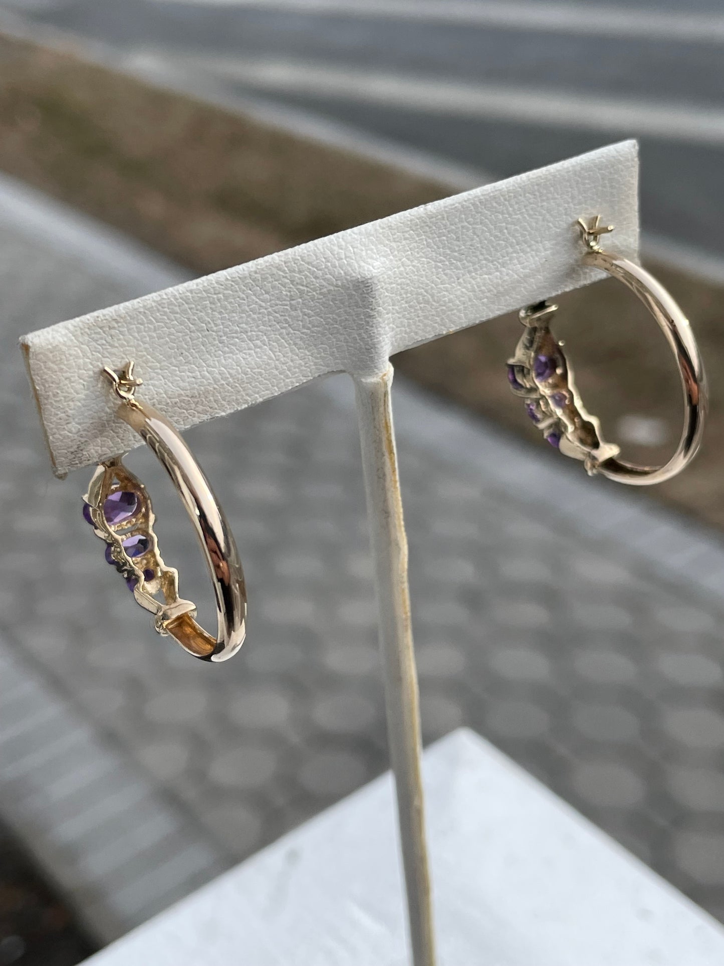 14k Gold Amethyst Past Present Future Hoop Earrings