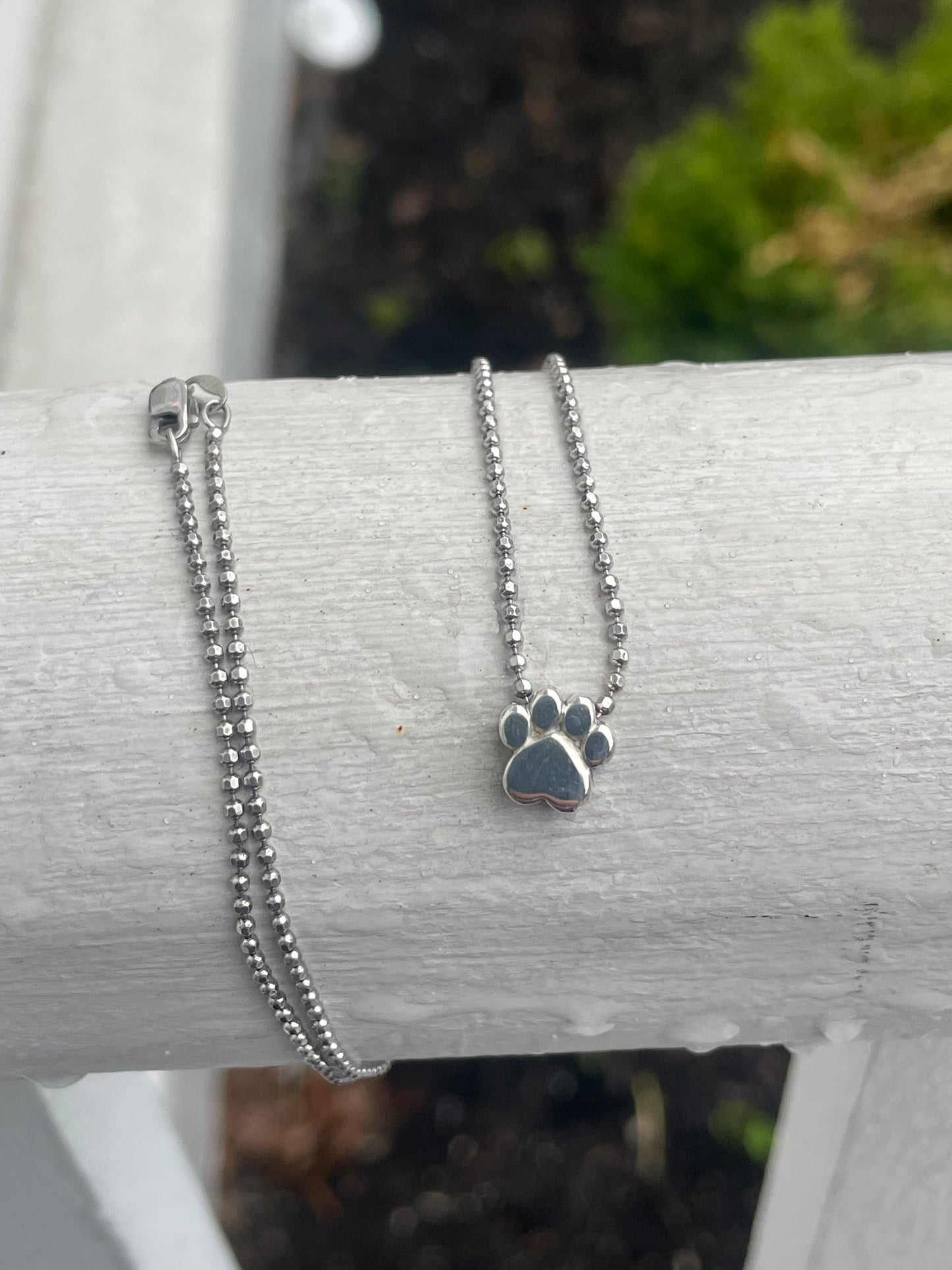 925 Sterling Silver Petite Paw Print Beaded Necklace 16”