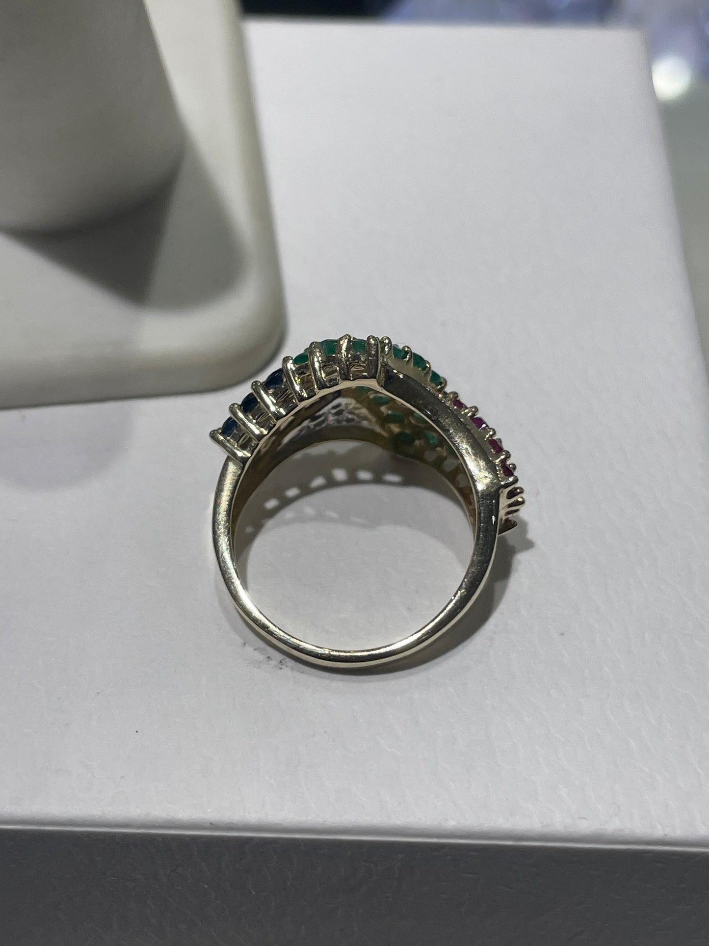 925 Sterling Silver Vermeil Natural Ruby Emerald Sapphire and Diamond Cluster Ring Size 6.5