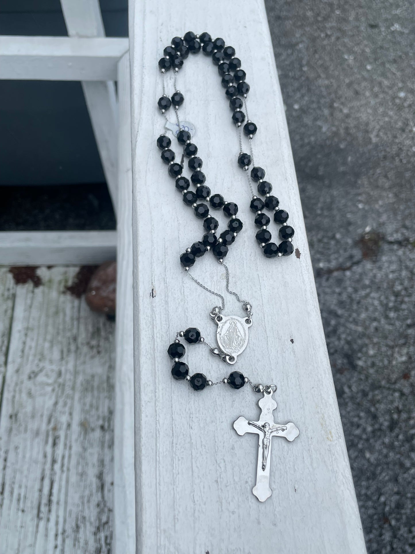 Stainless Steel Black Crystal Beaded 30” Rosary Necklace