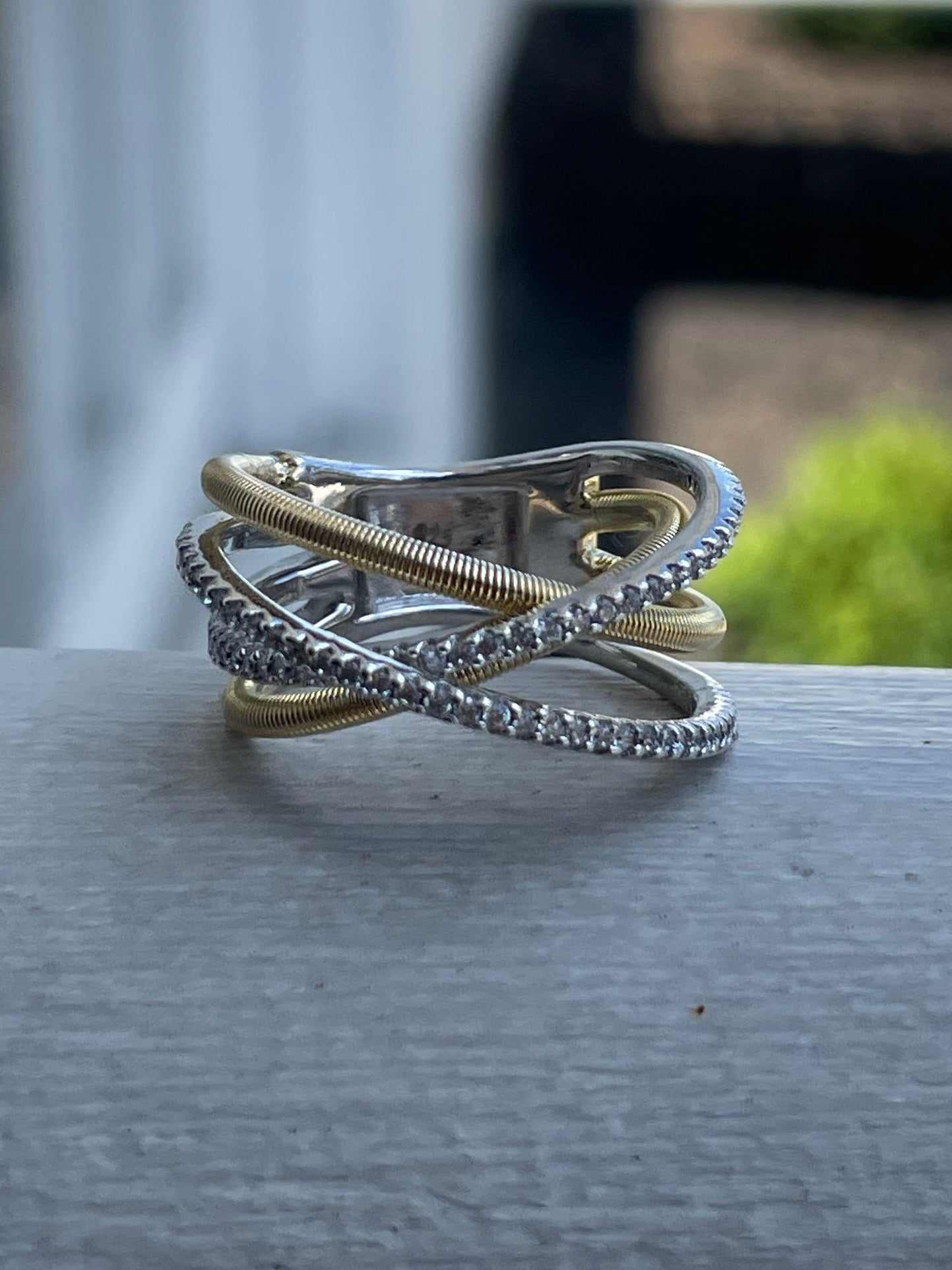 925 Sterling Silver 2tone Vermeil Cz Crossover Band Ring Size 7