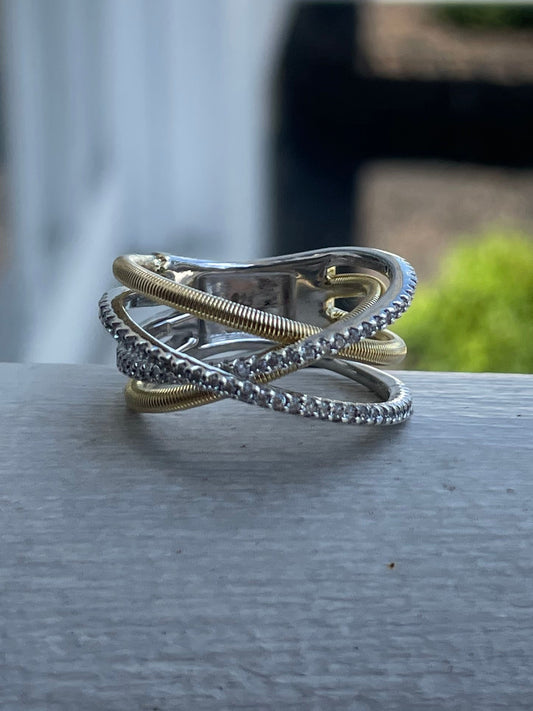 925 Sterling Silver 2tone Vermeil Cz Crossover Band Ring Size 7