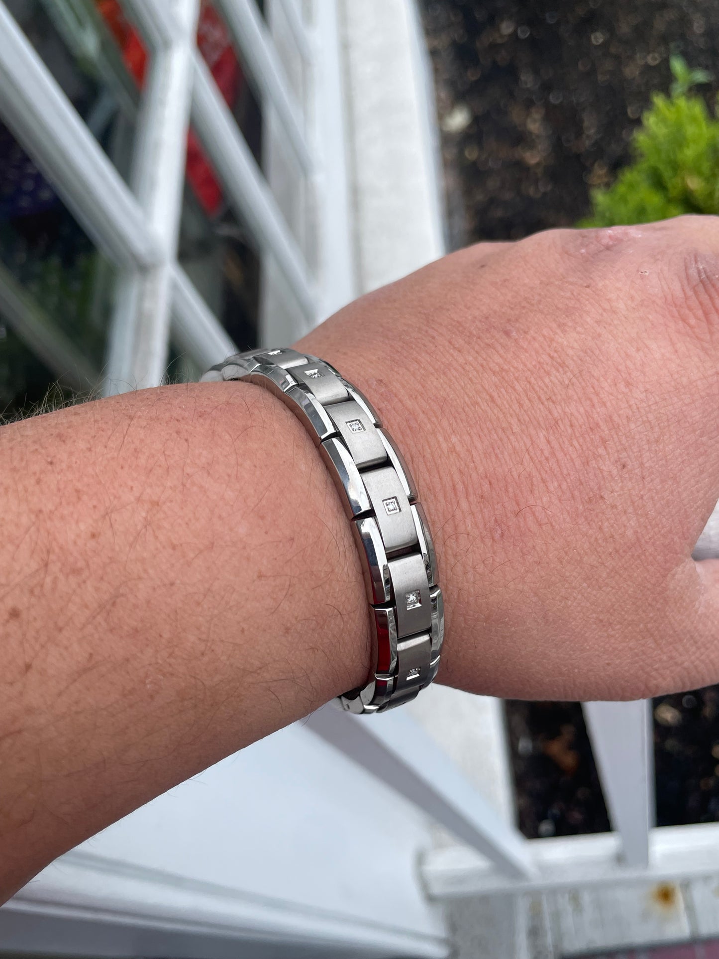 Stainless Steel & Titanium Natural Diamond Link Bracelet 8.75”