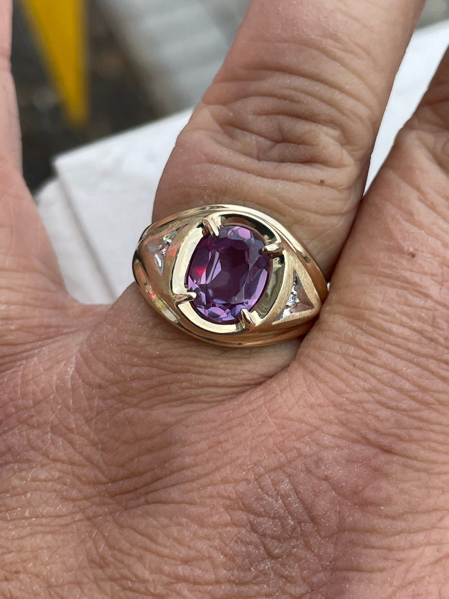 10k Gold Simulated Amethyst & Diamond Signet Ring Size 11