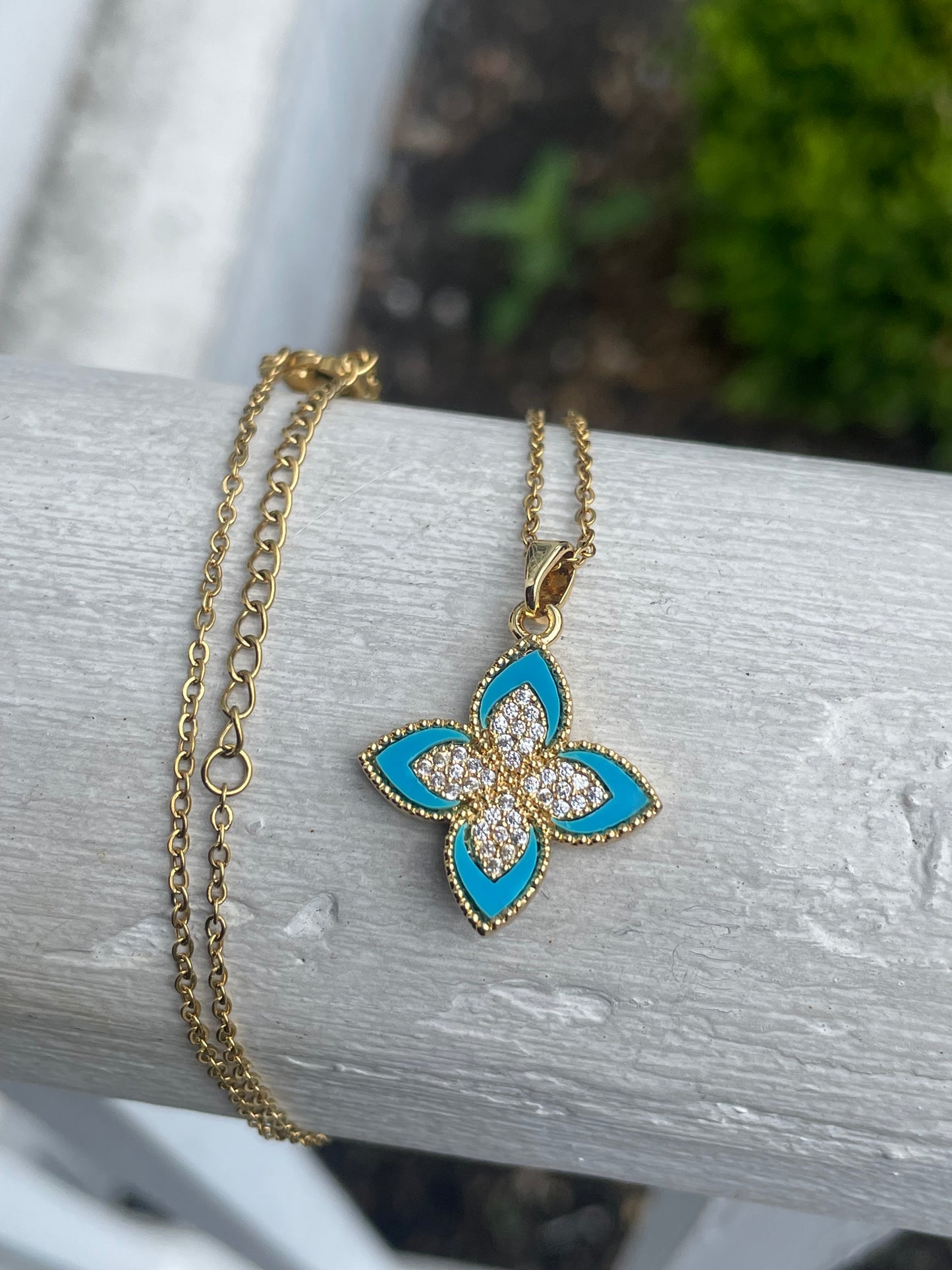 Stainless Steel Vermeil Quatrefoil Turquoise & Cz Necklace 16”-18”