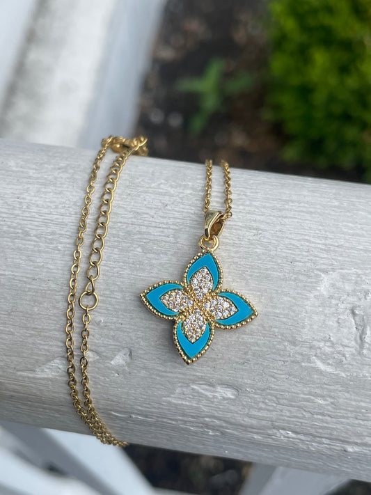 Stainless Steel Vermeil Quatrefoil Turquoise & Cz Necklace 16”-18”