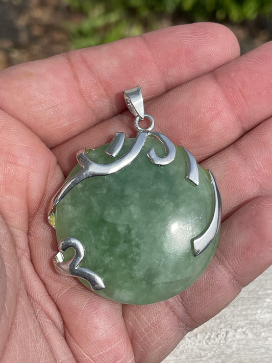925 Sterling Silver Natural Jade Heavy Stone Disc Pendant