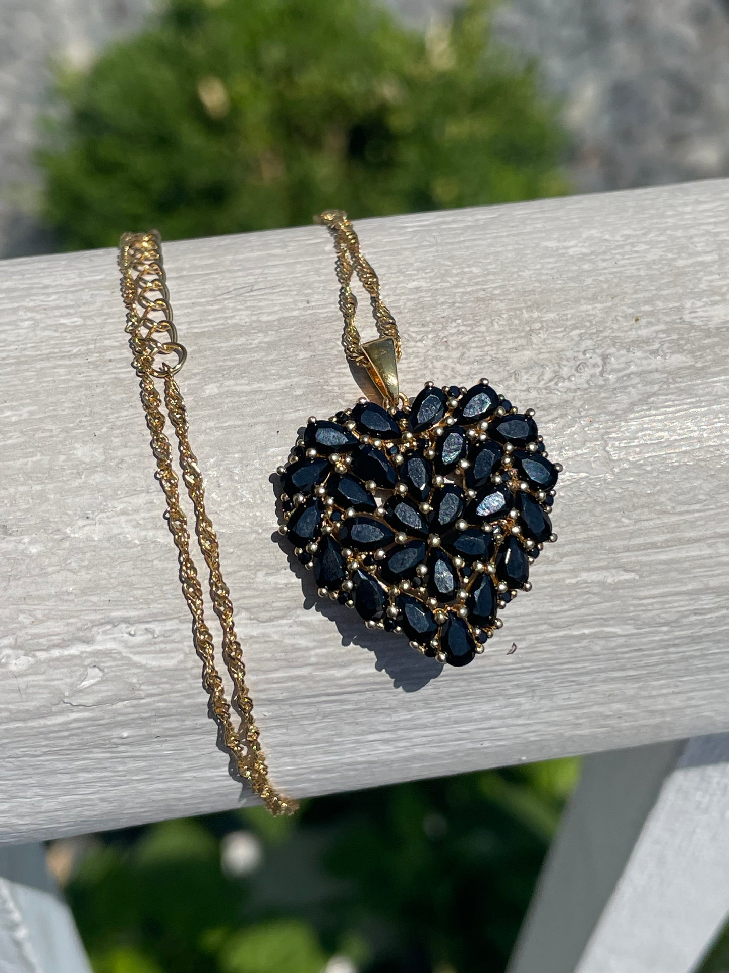 925 Sterling Silver vermeil Black Spinel Cluster Heart Necklace