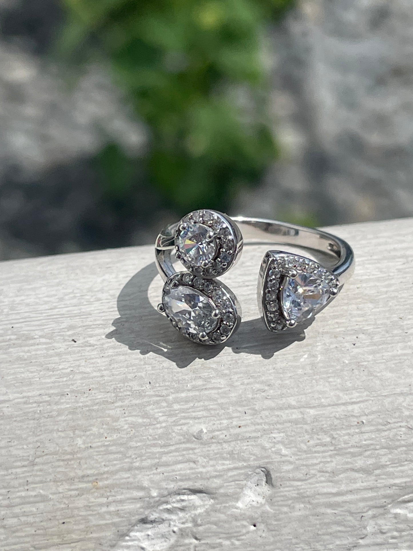 925 Sterling Silver Elevated Elegance Open Size Triple Stone Ring Size 7