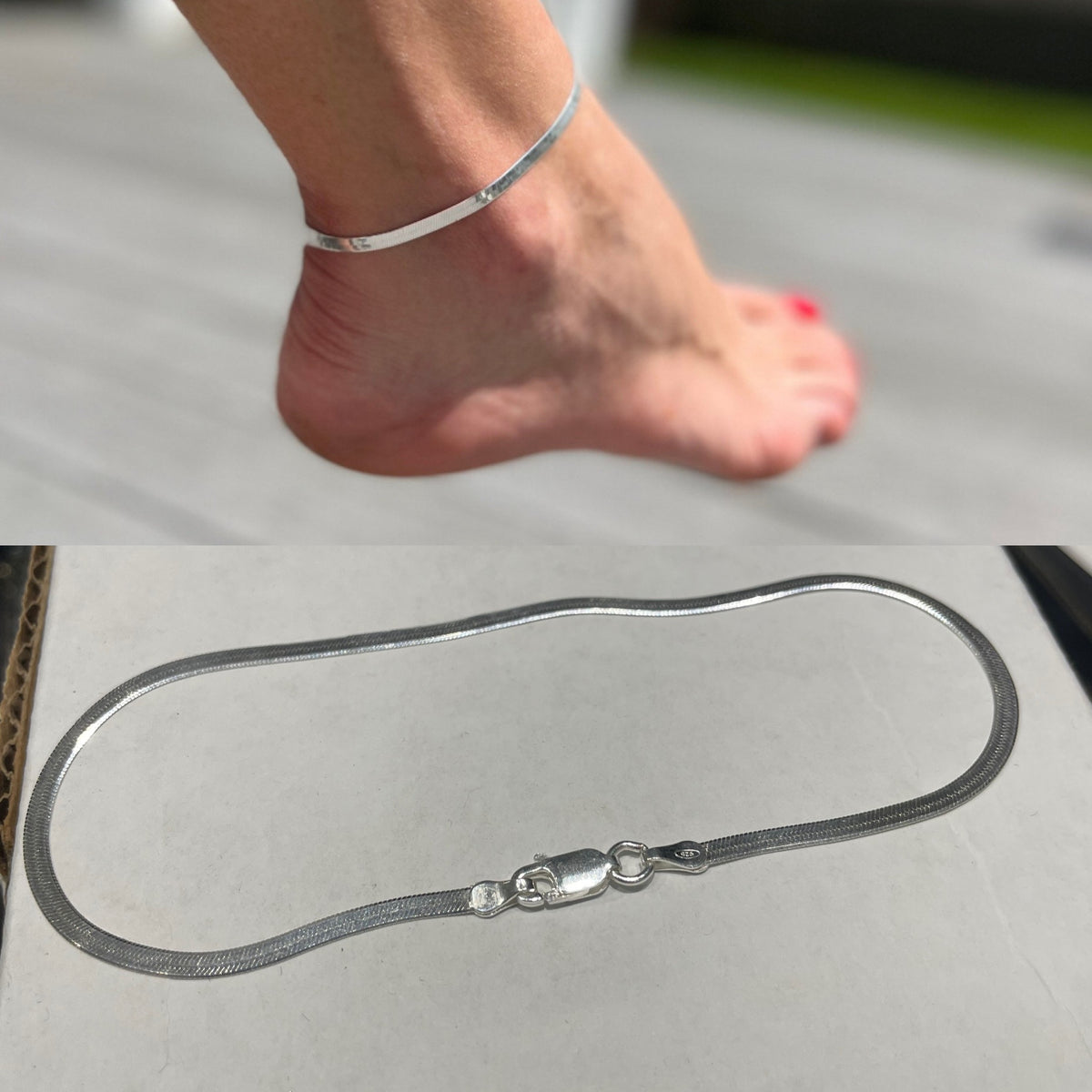 925 Sterling Silver 3mm Wide 9” Herringbone Anklet
