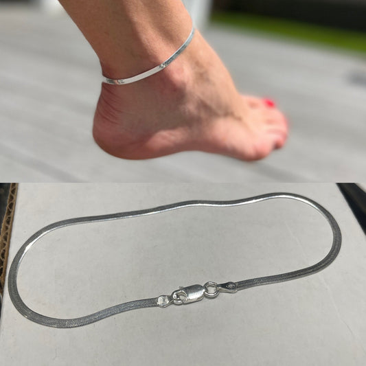 925 Sterling Silver 3mm Wide 9” Herringbone Anklet