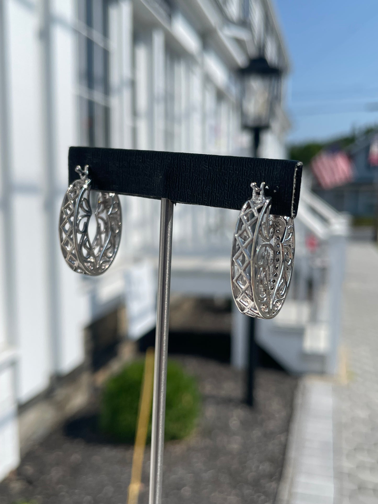 925 Sterling Silver .60ct Natural Diamond Oval Filigree Hoop Earrings