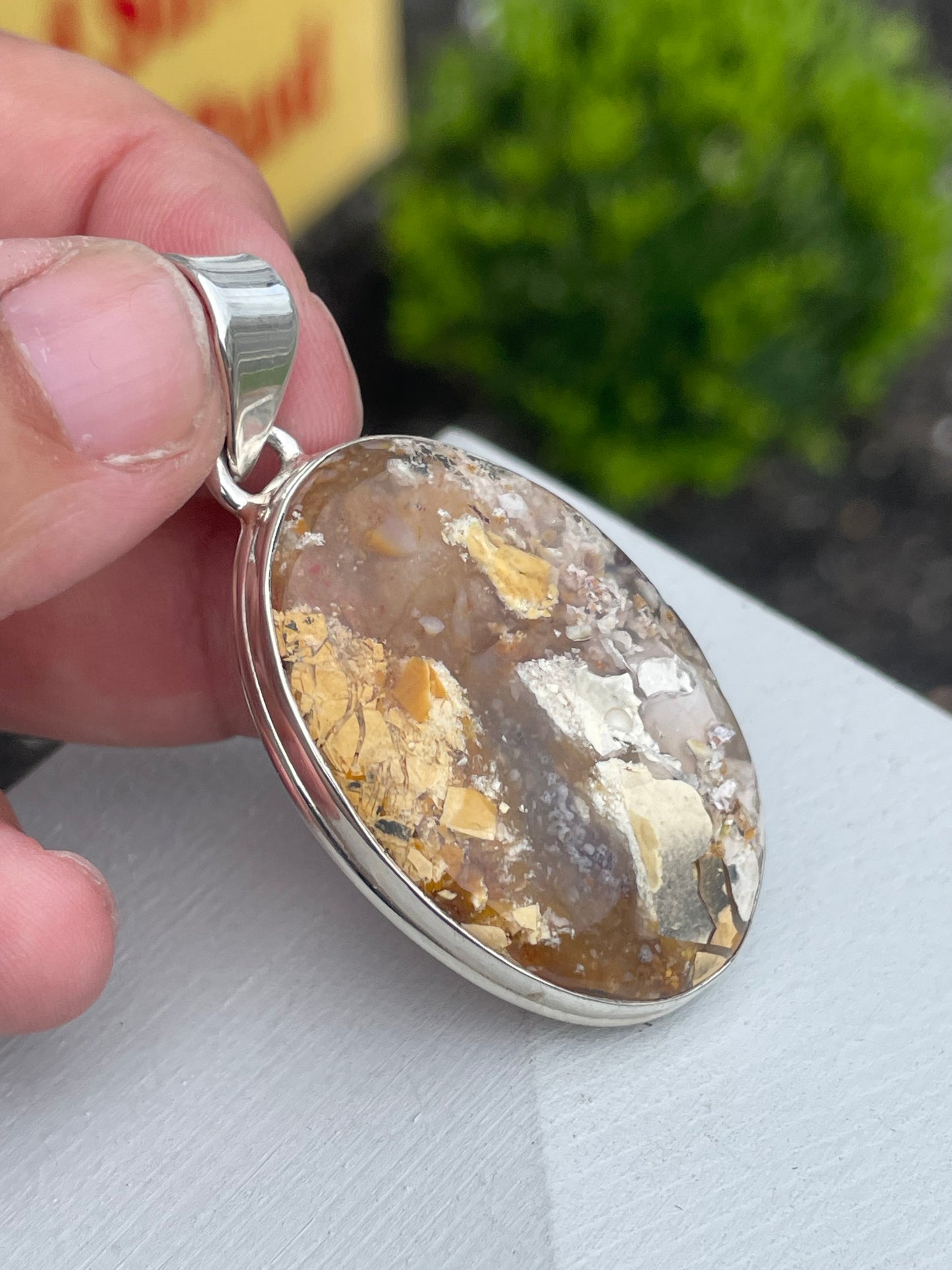 925 Sterling Silver Epoxy Resin Concrete Flakes Oval Pendant