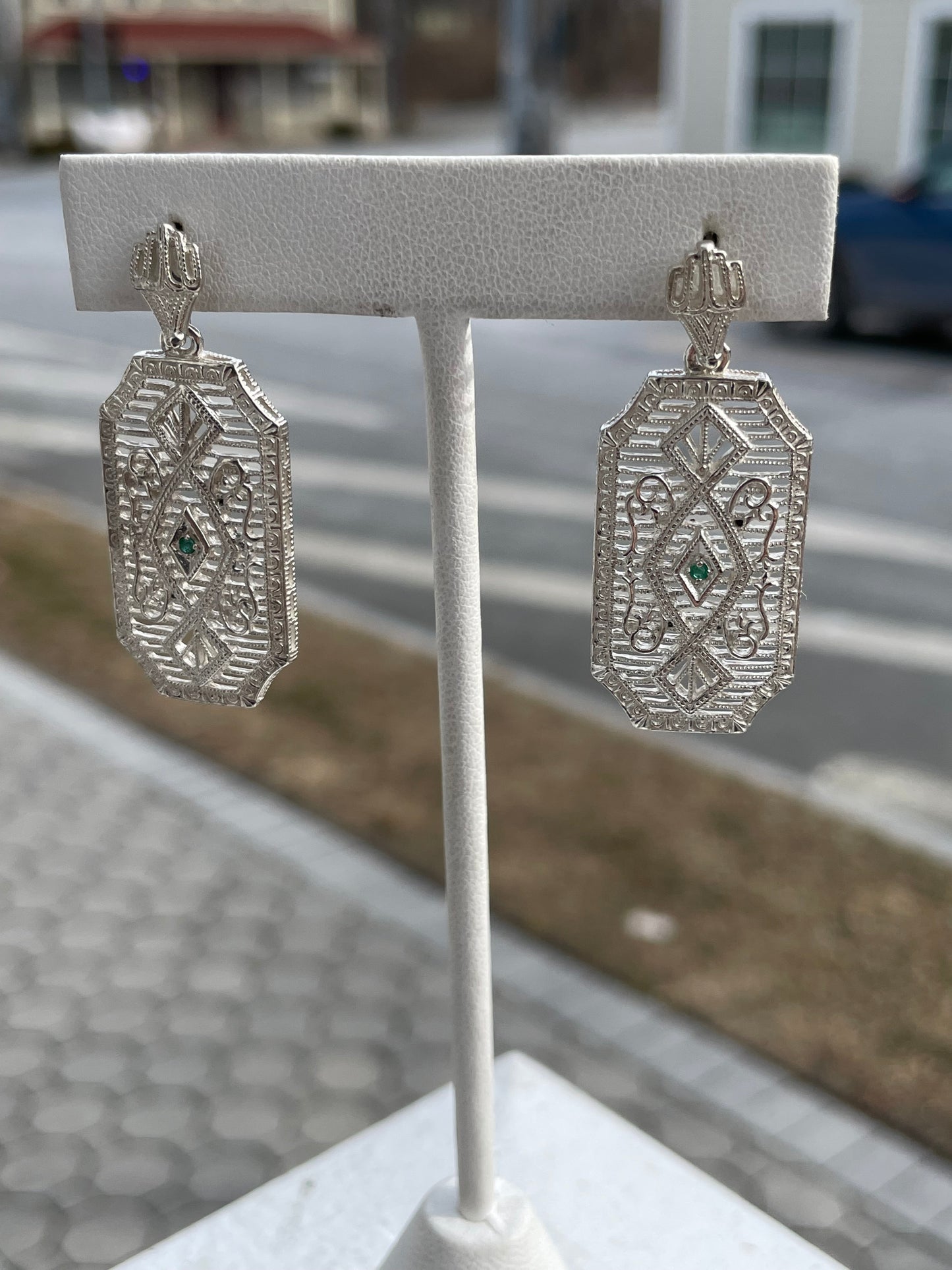 925 Sterling Silver Art Deco Lace Emerald Dangle Earrings