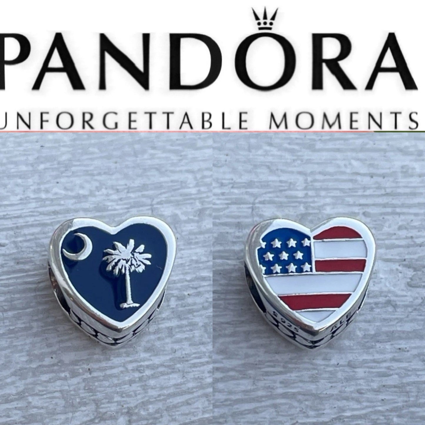 Pandora Reversible South Carolina State Flag / USA Country Flag Exclusive Destination Travel Heart Charm