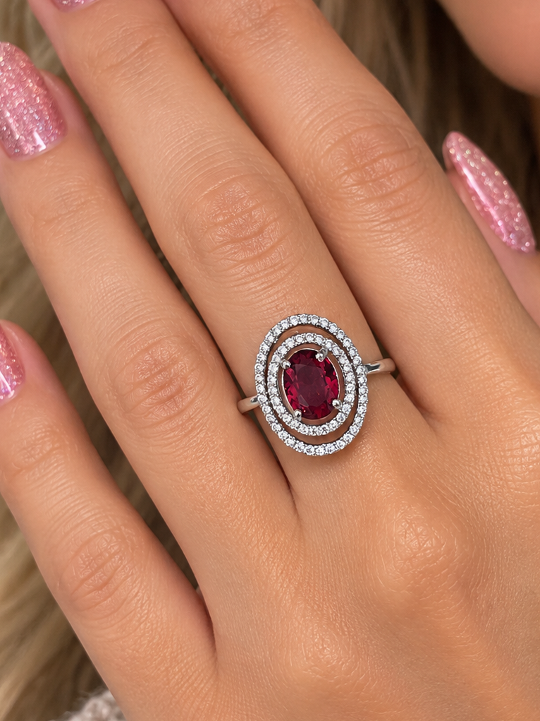 925 Sterling Silver Simulated Ruby & Clear Zirconia Statement Ring