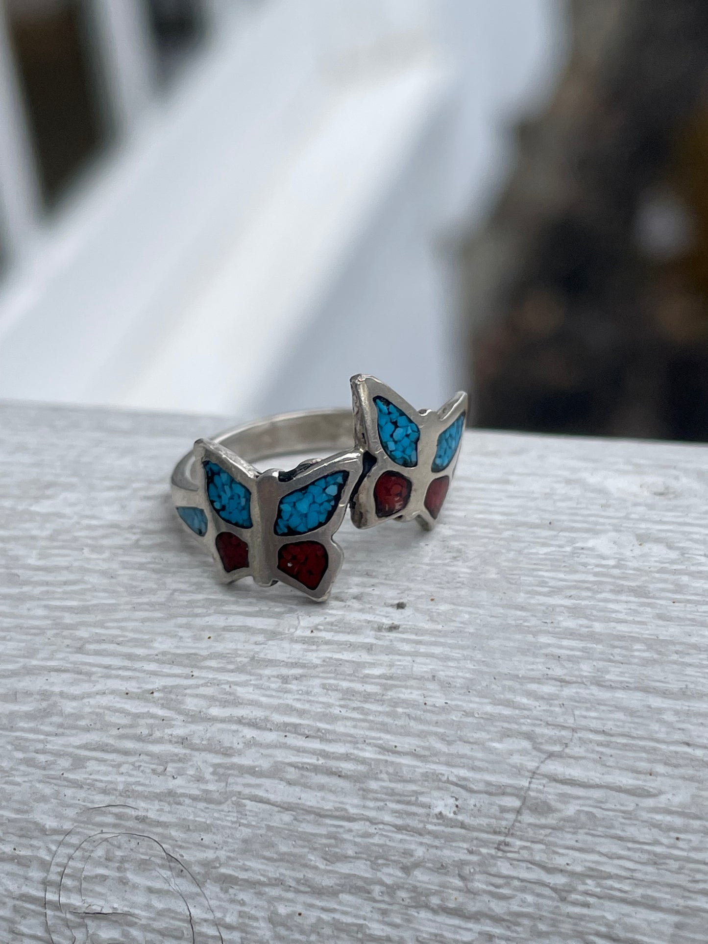 925 Sterling Silver Bypass Butterfly Turquoise & Coral Mid-Finger Ring Size 4