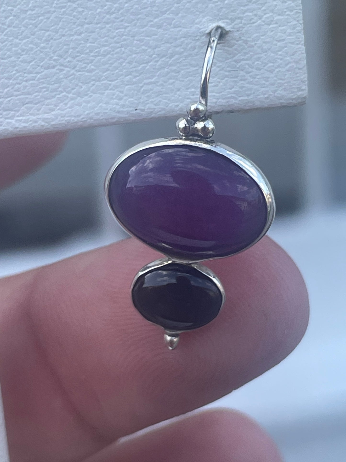 925 Sterling Silver Charoite & Onyx Drop Earrings