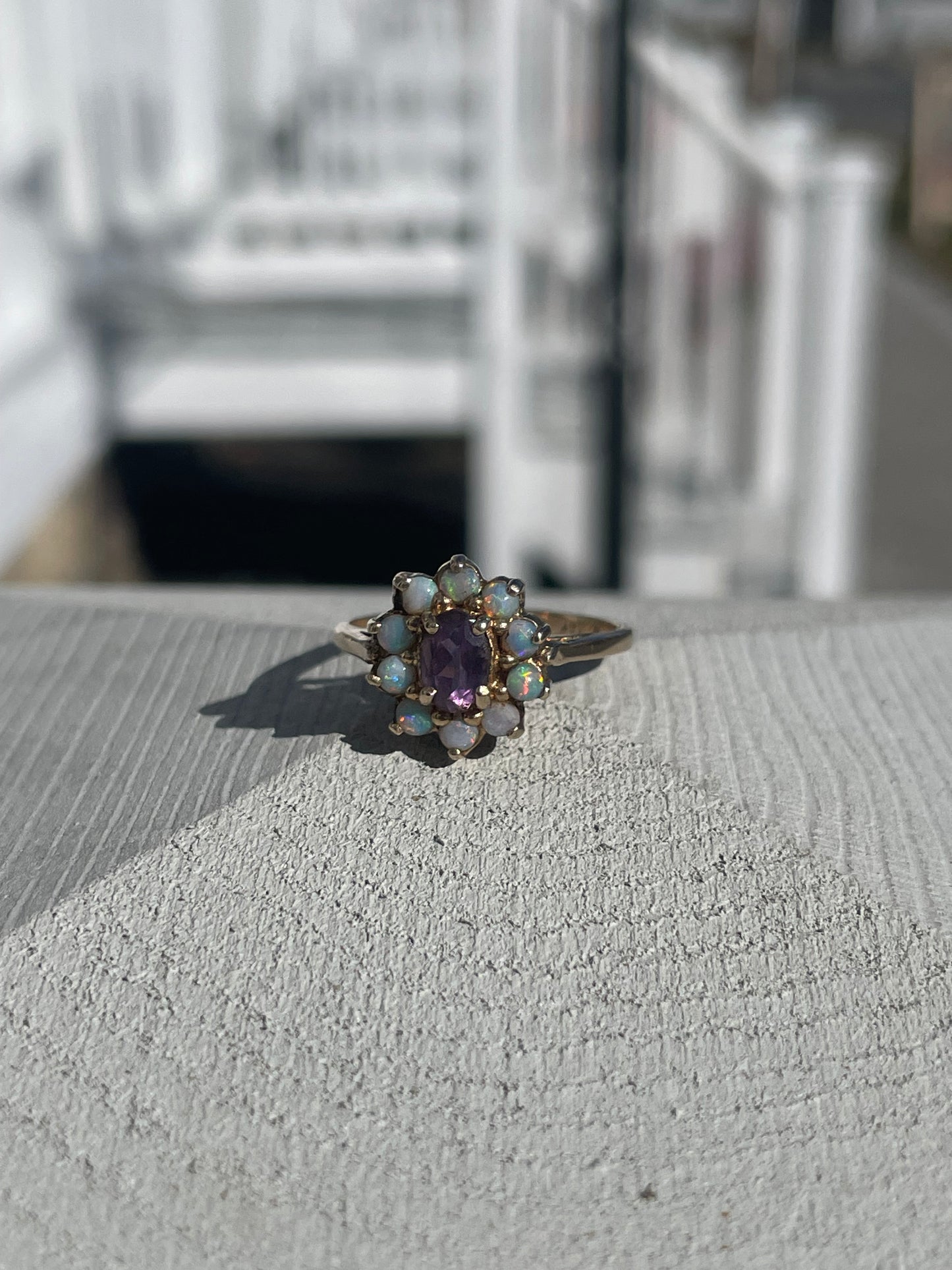 14k Gold Natural Amethyst & Opal Cluster Ring Size 7.5