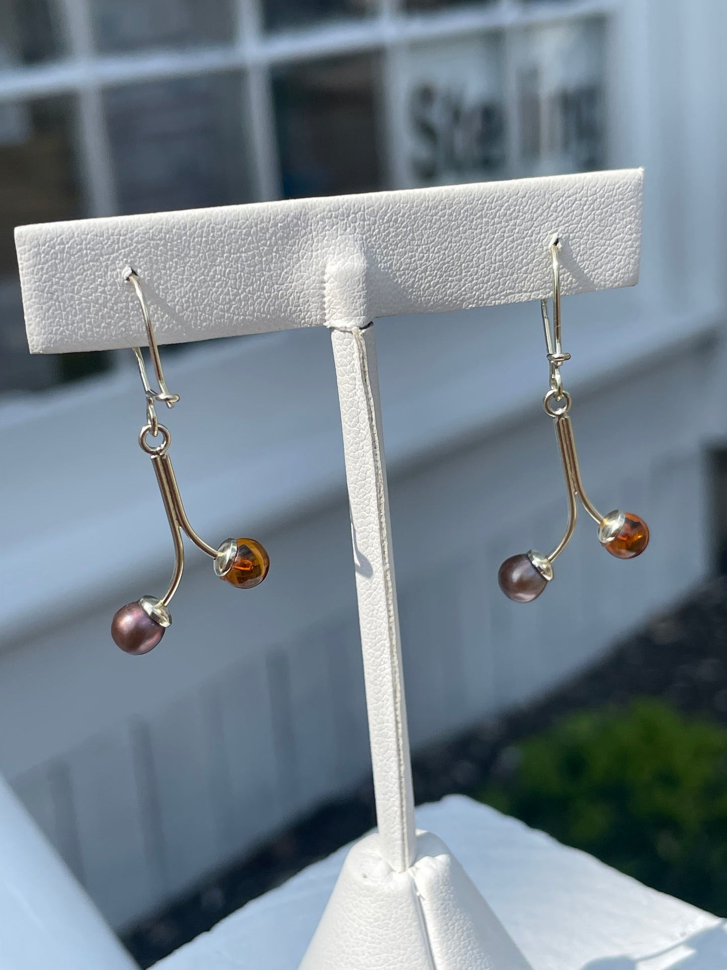 925 Sterling Silver Amber & Brown Pearl Dangle Earrings