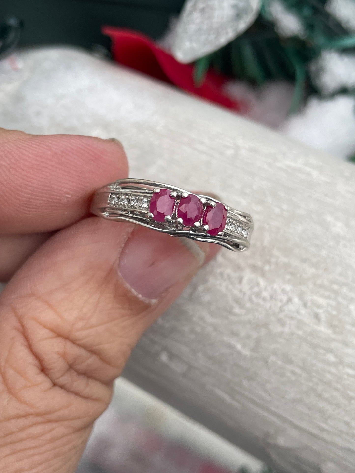 925 Sterling Silver Past Present Future Natural Ruby & Diamond Ring Size 8