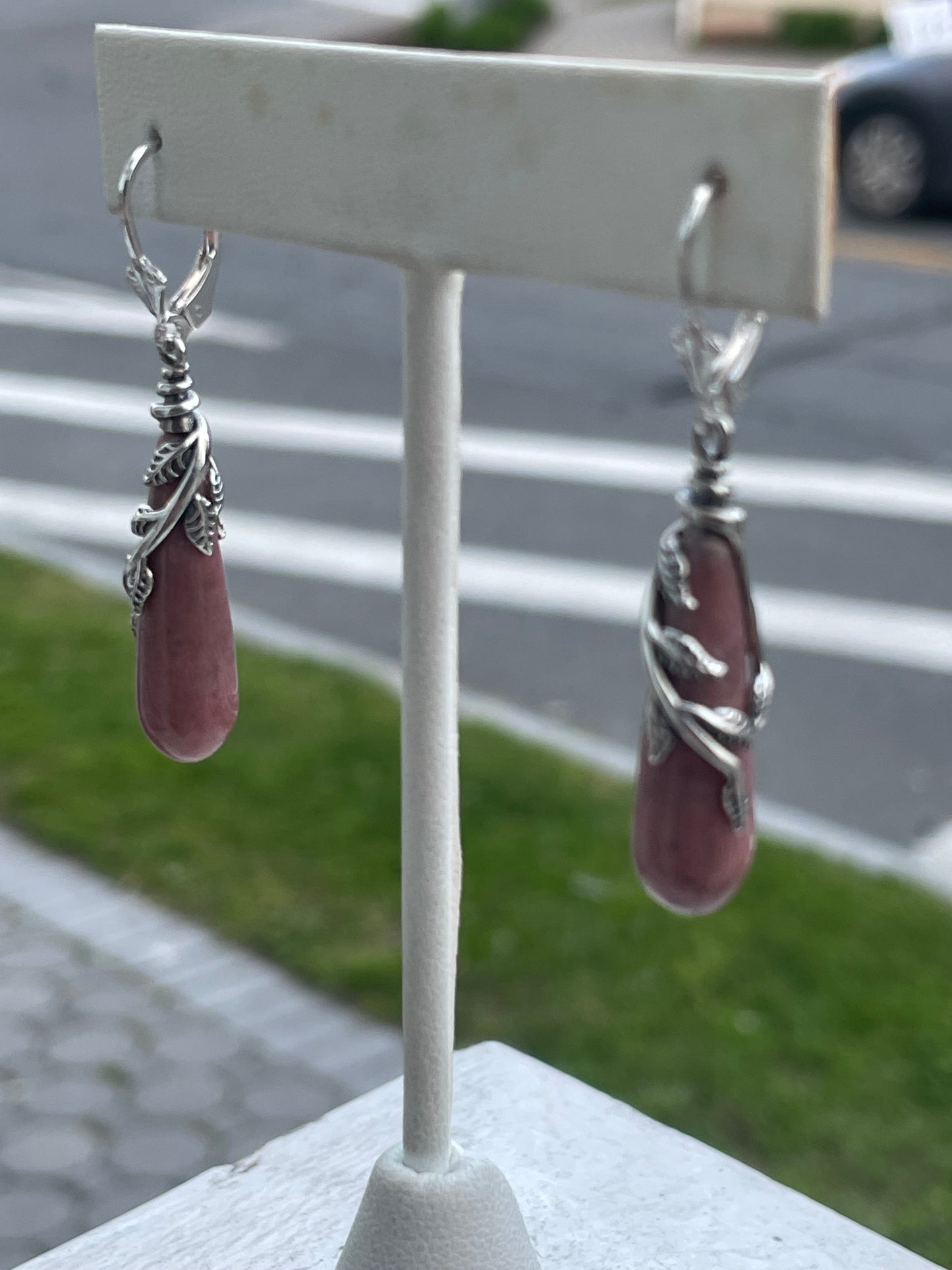 925 Sterling Silver Rhodochrosite Elongated Stone Dangle Earrings