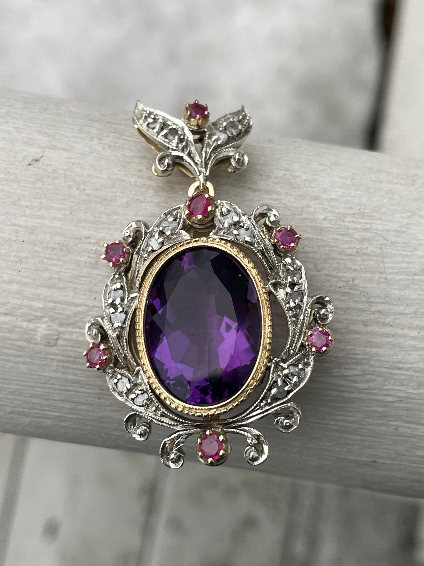 14k & 925 Silver Antique Amethyst Ruby & Diamond Pendant (K31)