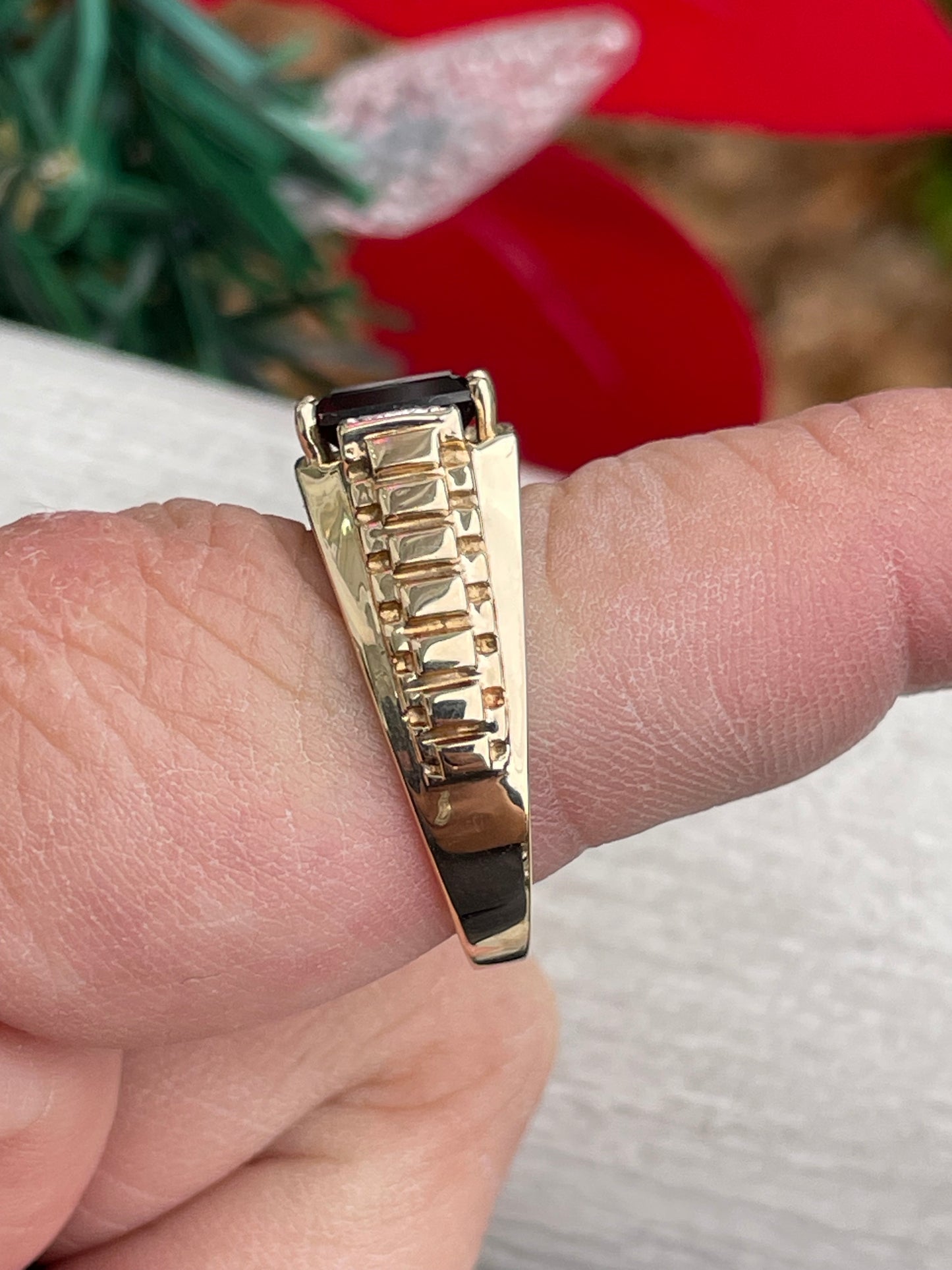 10k Gold Rolex Design Emerald Cut Garnet & Diamond Ring
