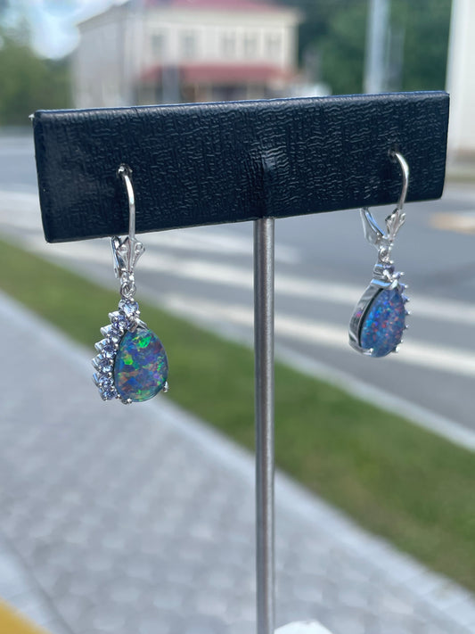 925 Sterling Silver Synthetic Blue Opal & Tanzanite Dangle Earrings