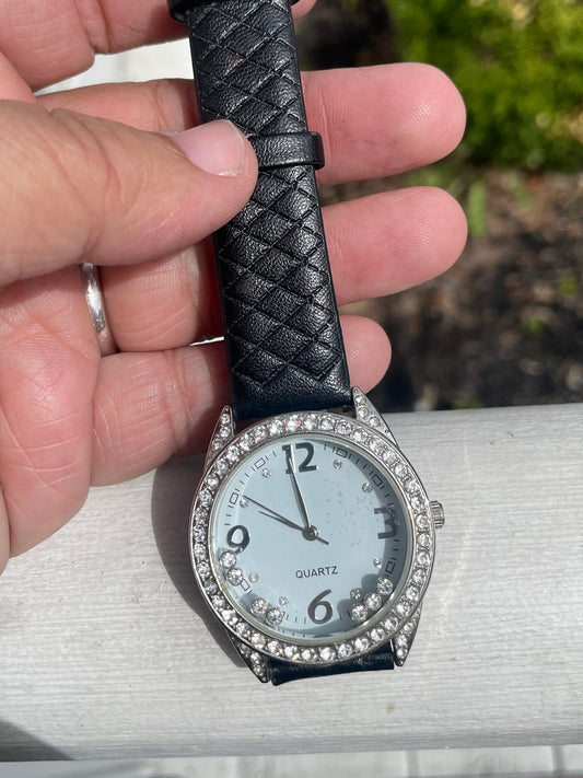 Ladies Stainless Steel Black Leather Floating Stone Quartz Watch