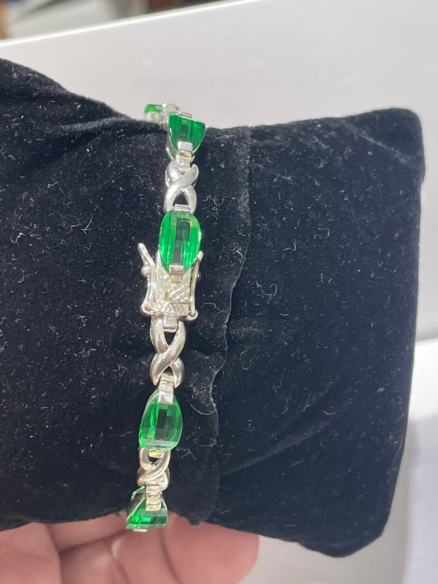 925 Sterling Silver Simulated Emerald Tennis Bracelet