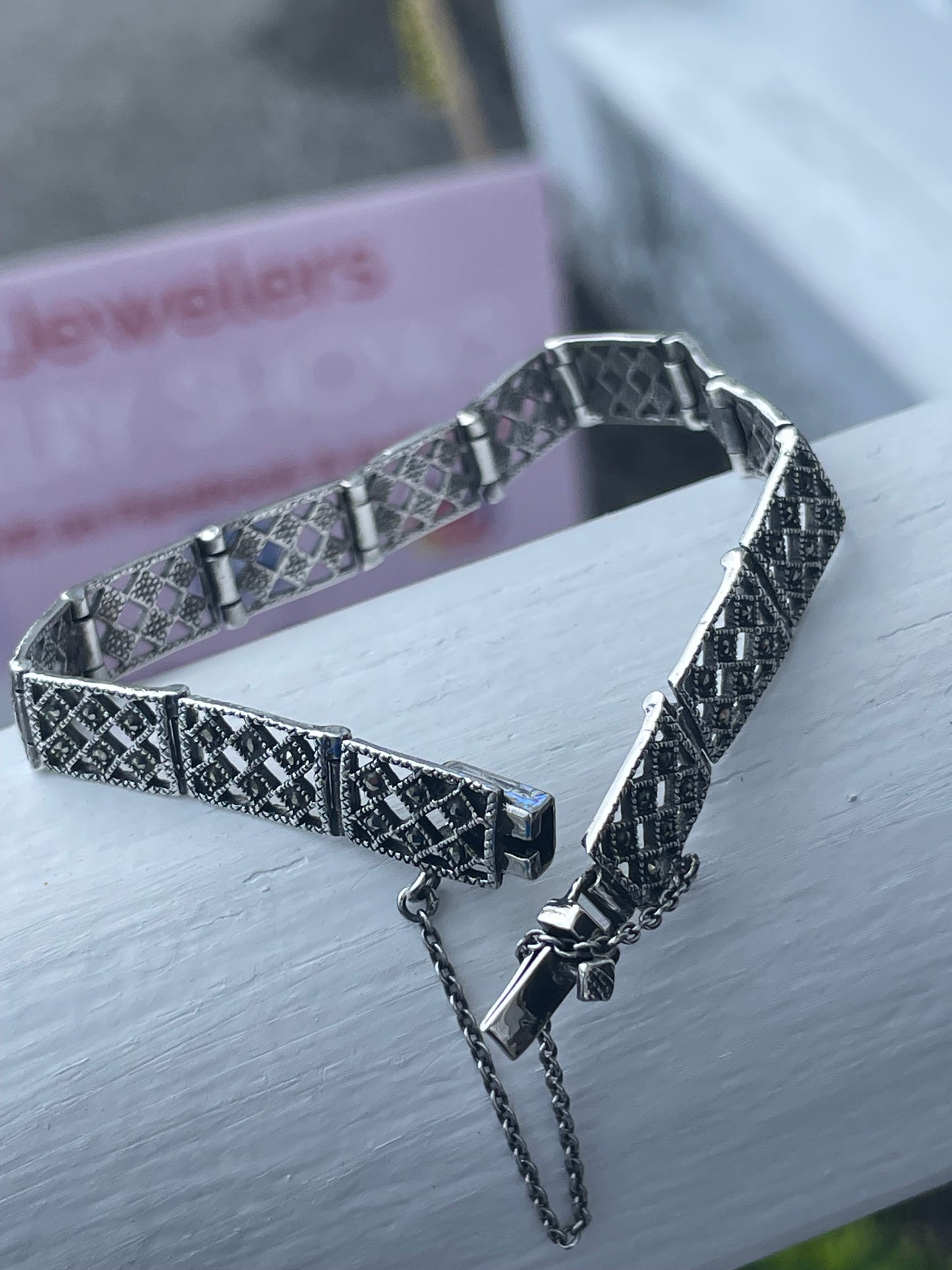 925 Sterling Silver Openwork Tile Link Marcasite Bracelet