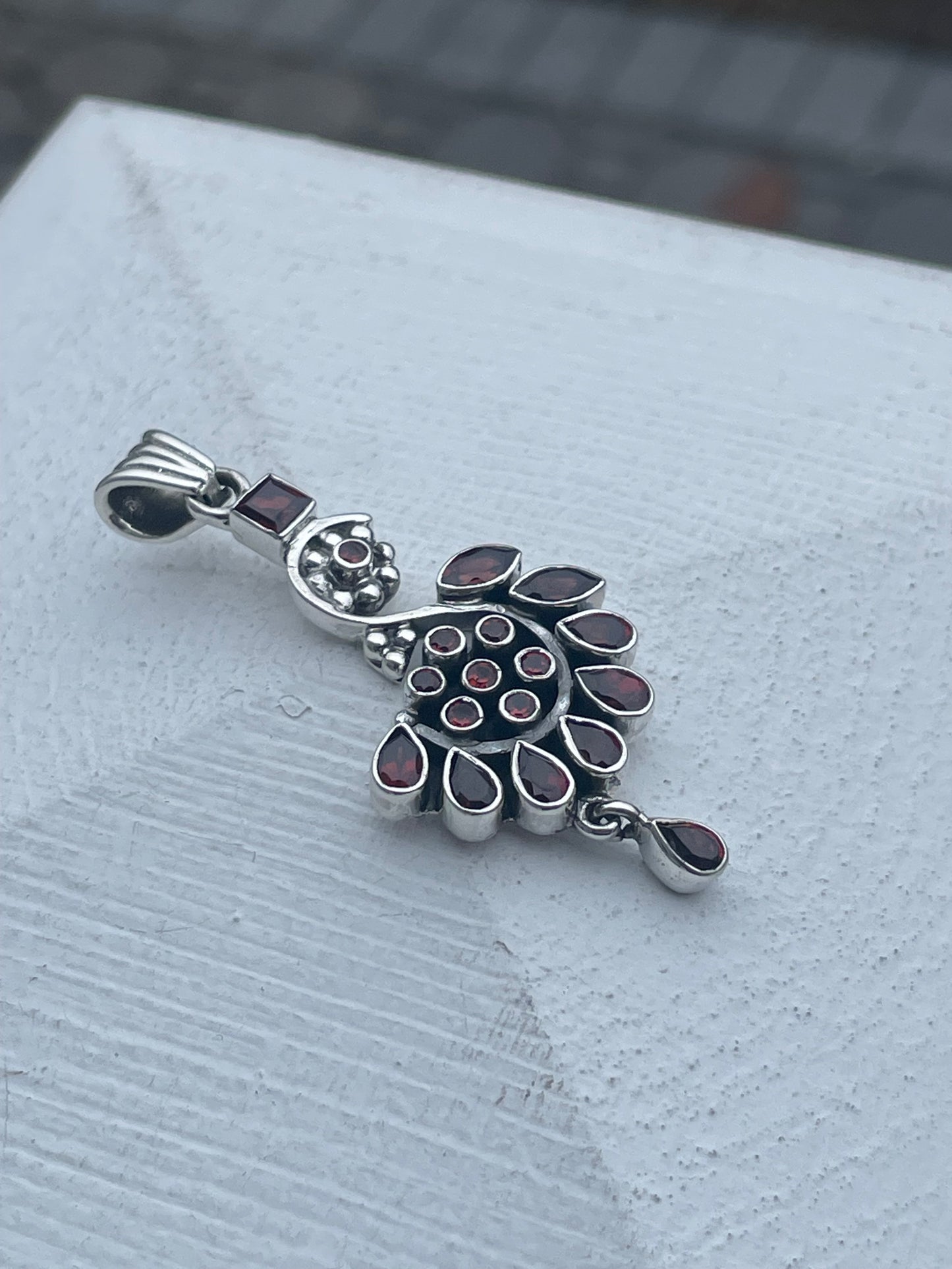 925 Sterling Silver Fancy Garnet Stone Peacock Pendant