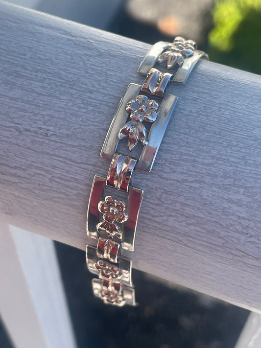 Designer Kreisler 925 Sterling Silver & Rose Vermeil Vintage Openwork Flower Tile Bracelet