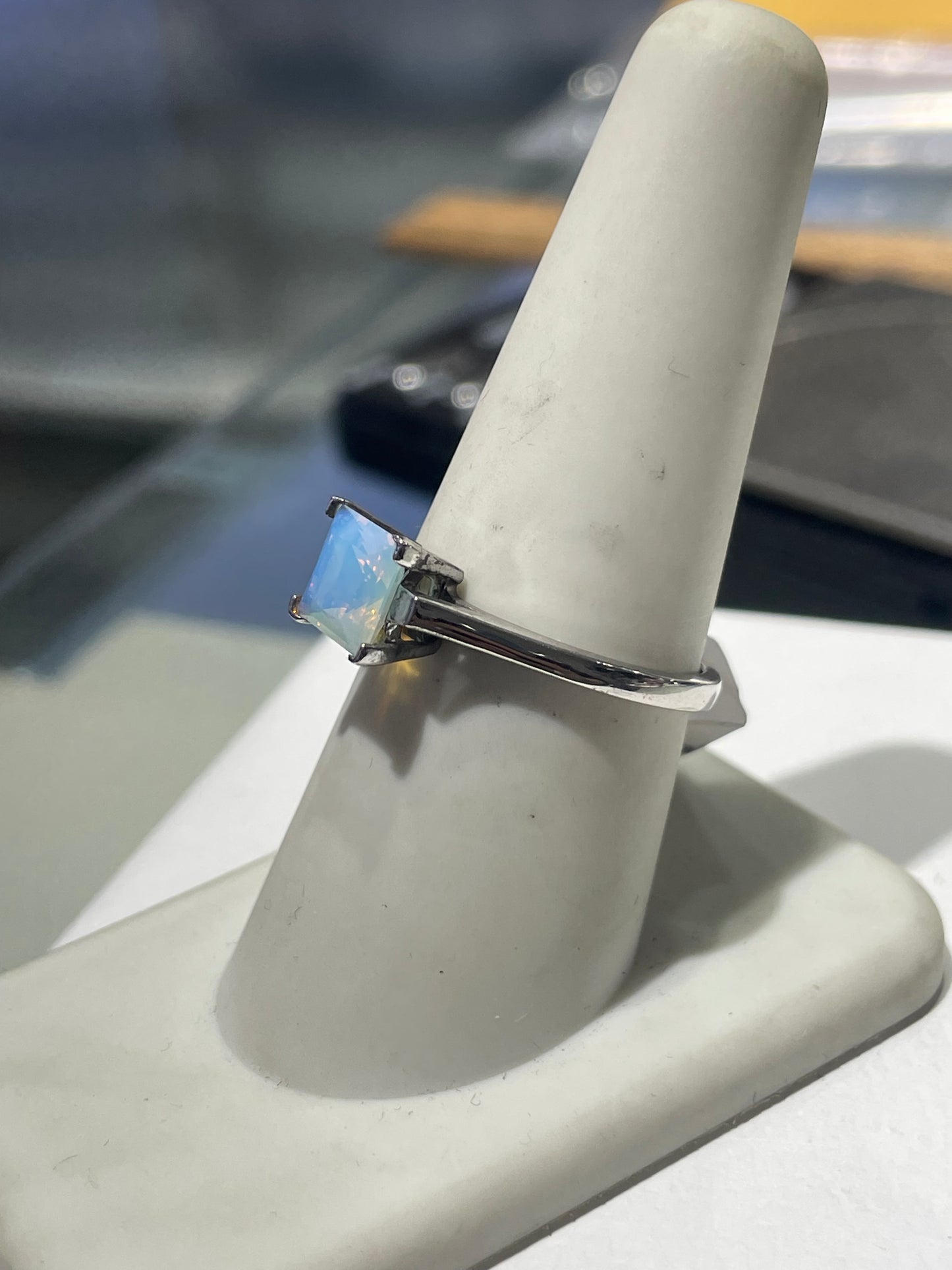 925 Sterling Silver Milky White Princess Cut AB Crystal Solitaire Ring Size 8