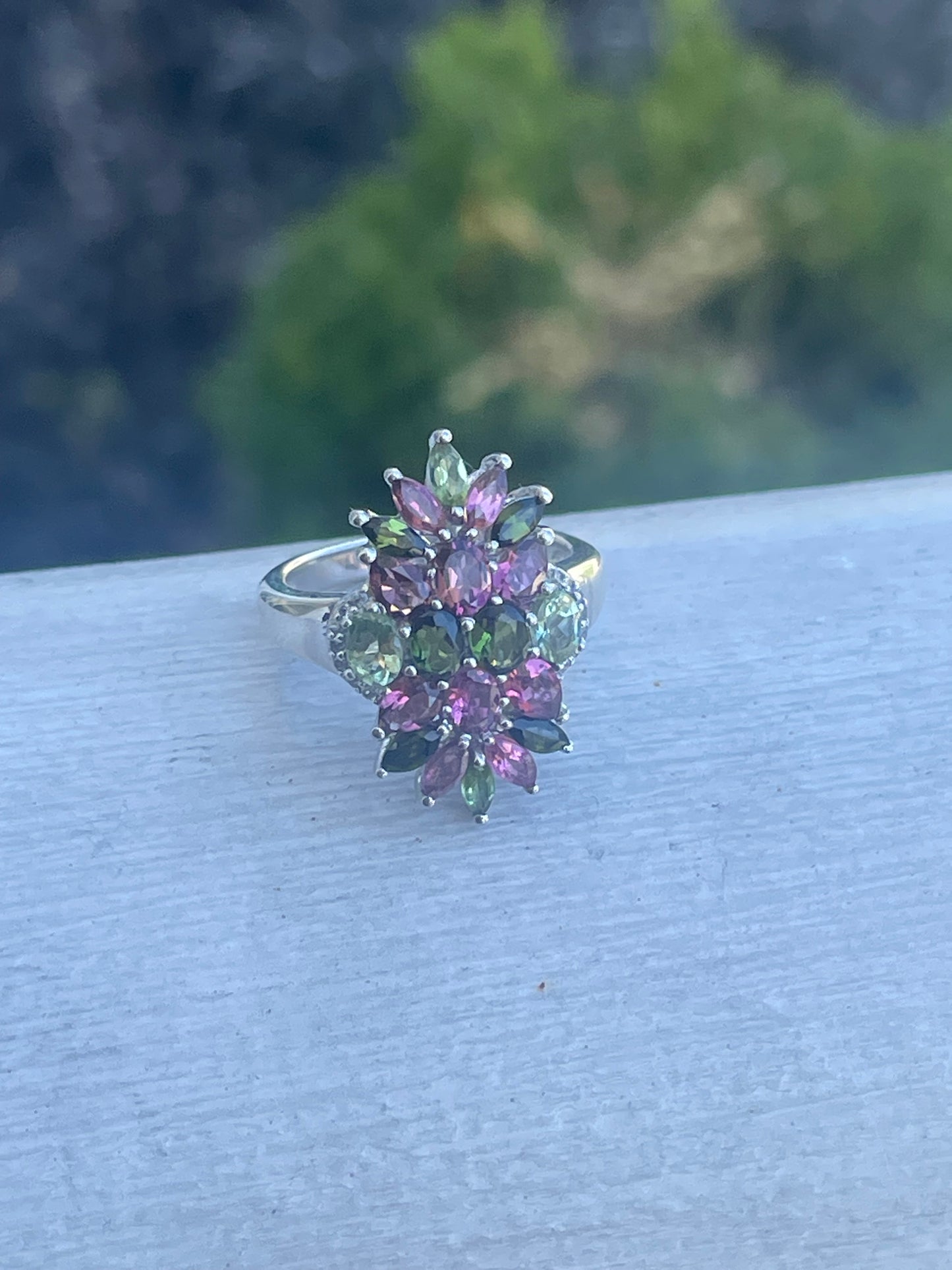925 Sterling Silver Pink Tourmaline, Green Tourmaline & Praisolite Cluster Ring Size 6