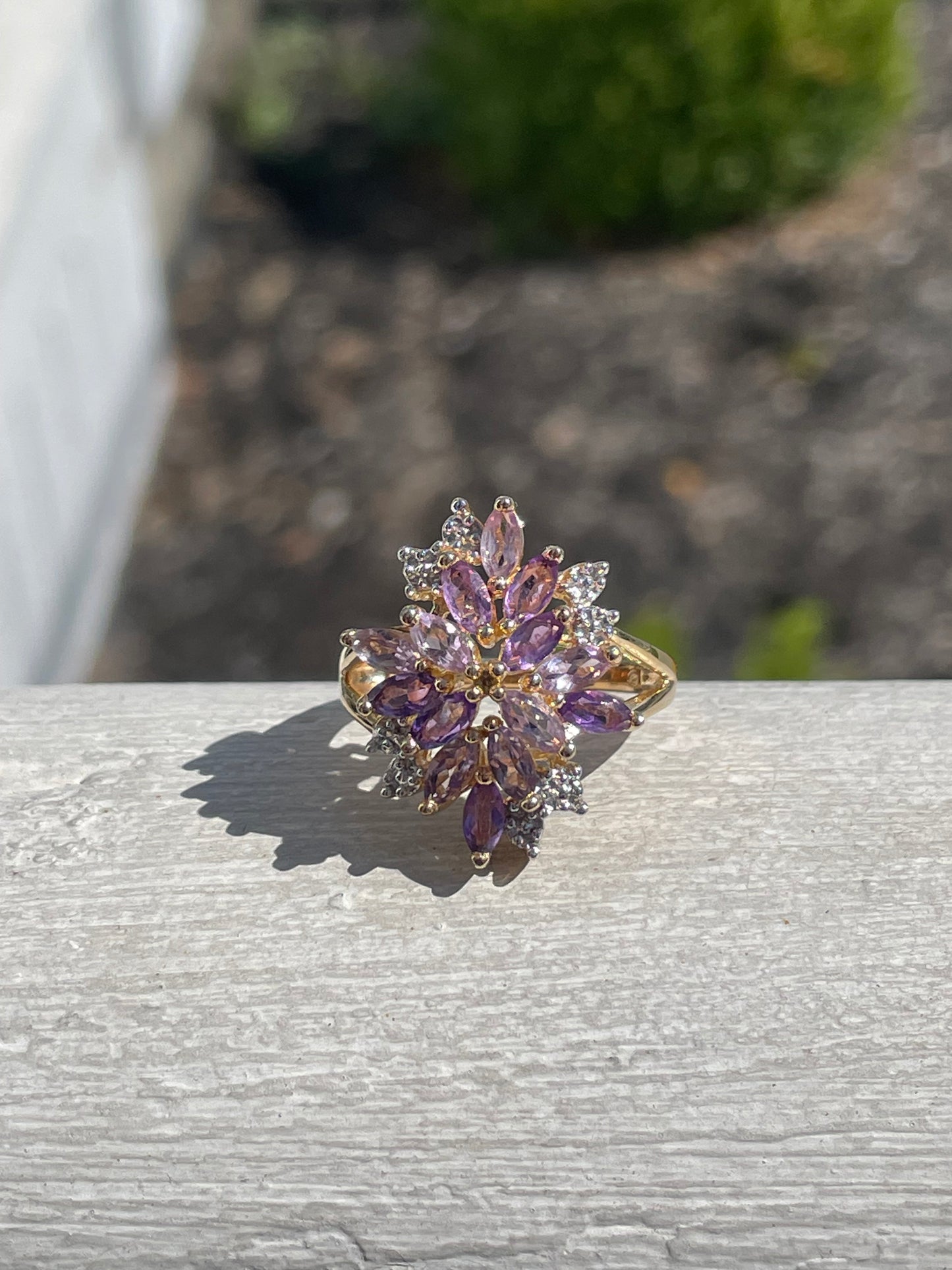 925 Sterling Silver Natural Amethyst & Diamond Cluster Ring Size 7