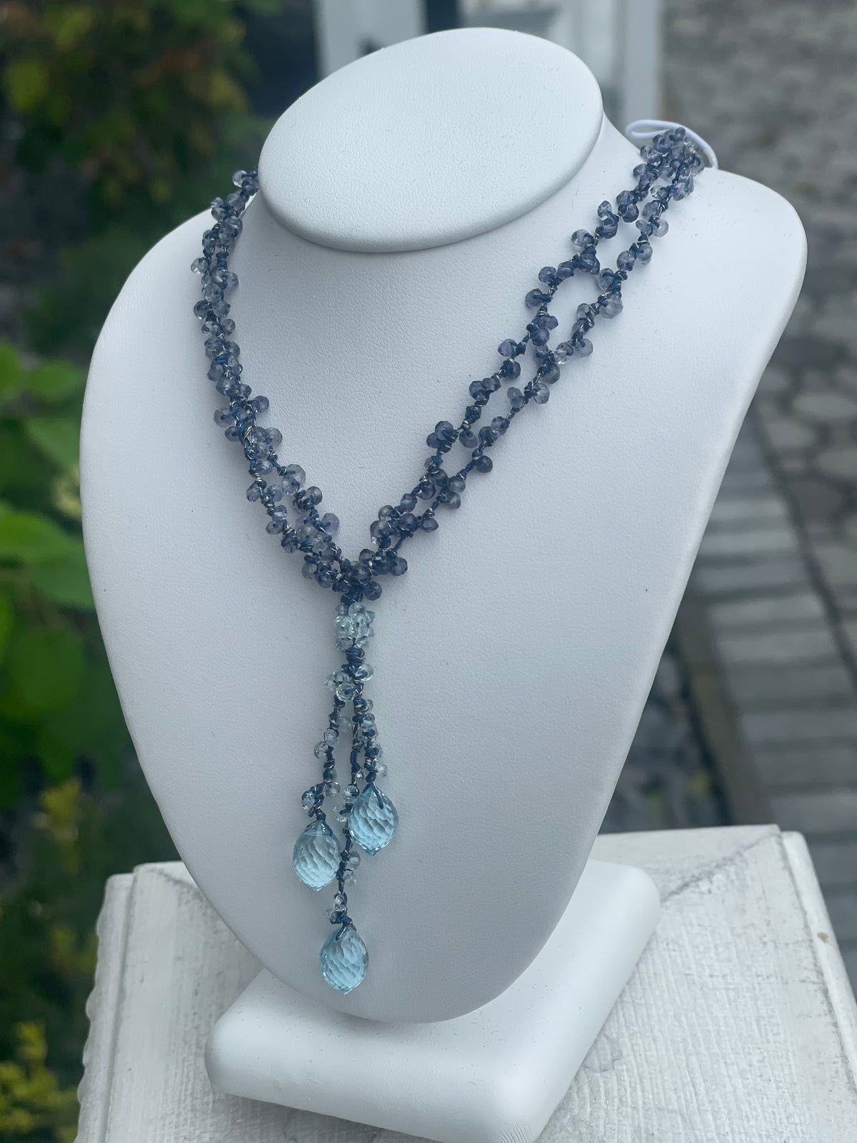 Blue Topaz & Tanzanite Beaded Drop Necklace 15”