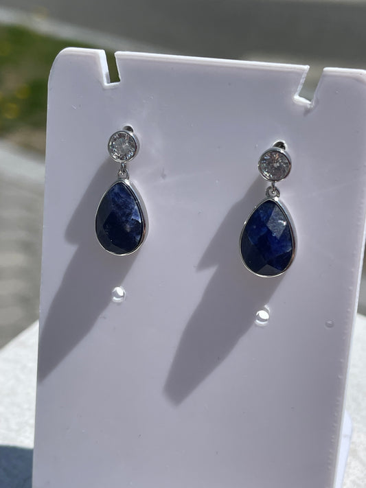 925 Sterling Silver Pear Shape Sodalite & Cz Stud Earrings