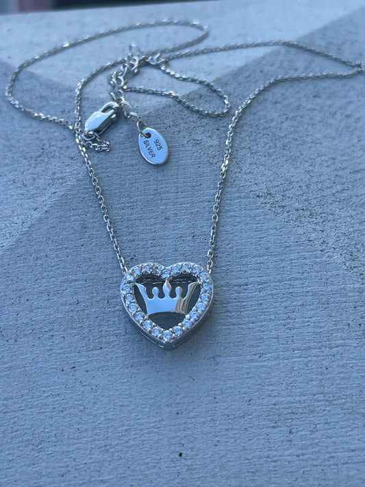 925 Sterling Silver Cubic Zirconia Heart Crown Necklace