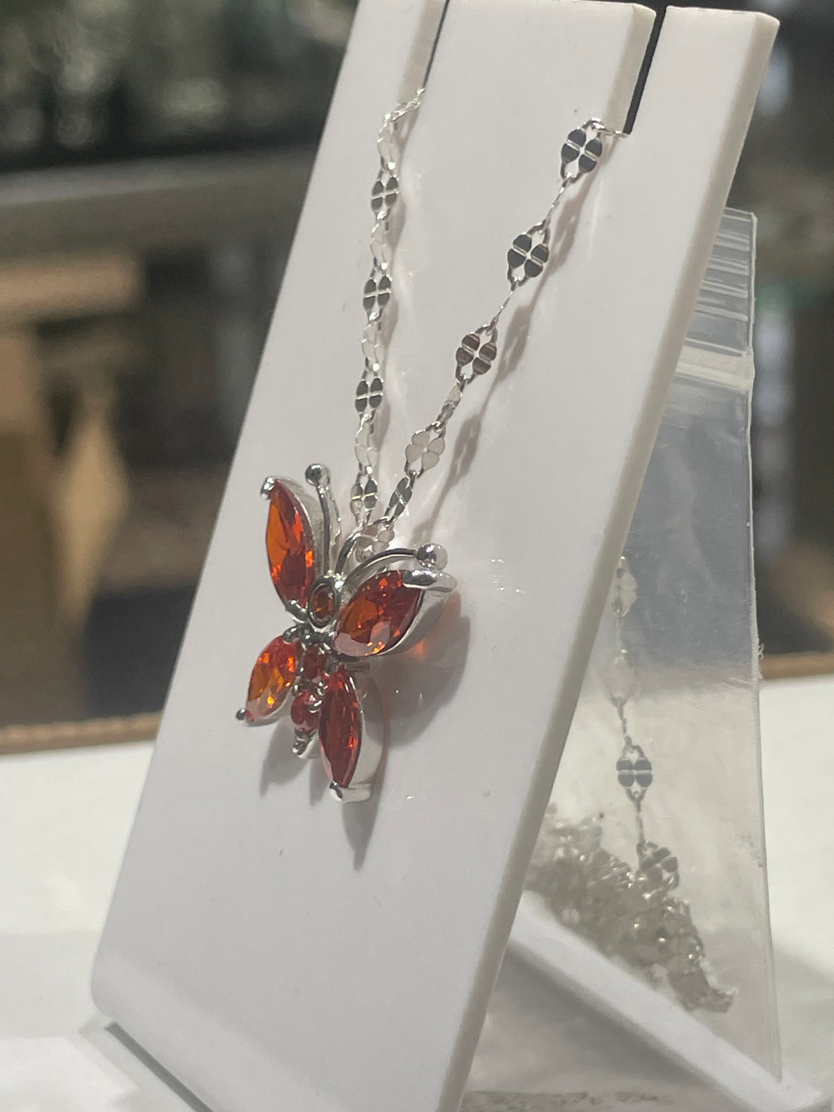 925 Sterling Silver Orange Zirconia Butterfly Necklace