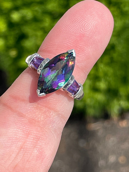 925 Sterling Silver Mystic Topaz & Amethyst Ring Size 6