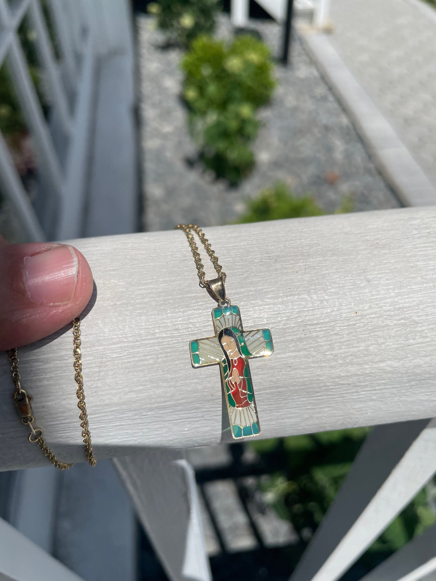 14k Gold Enameled Mother Mary Cross Necklace