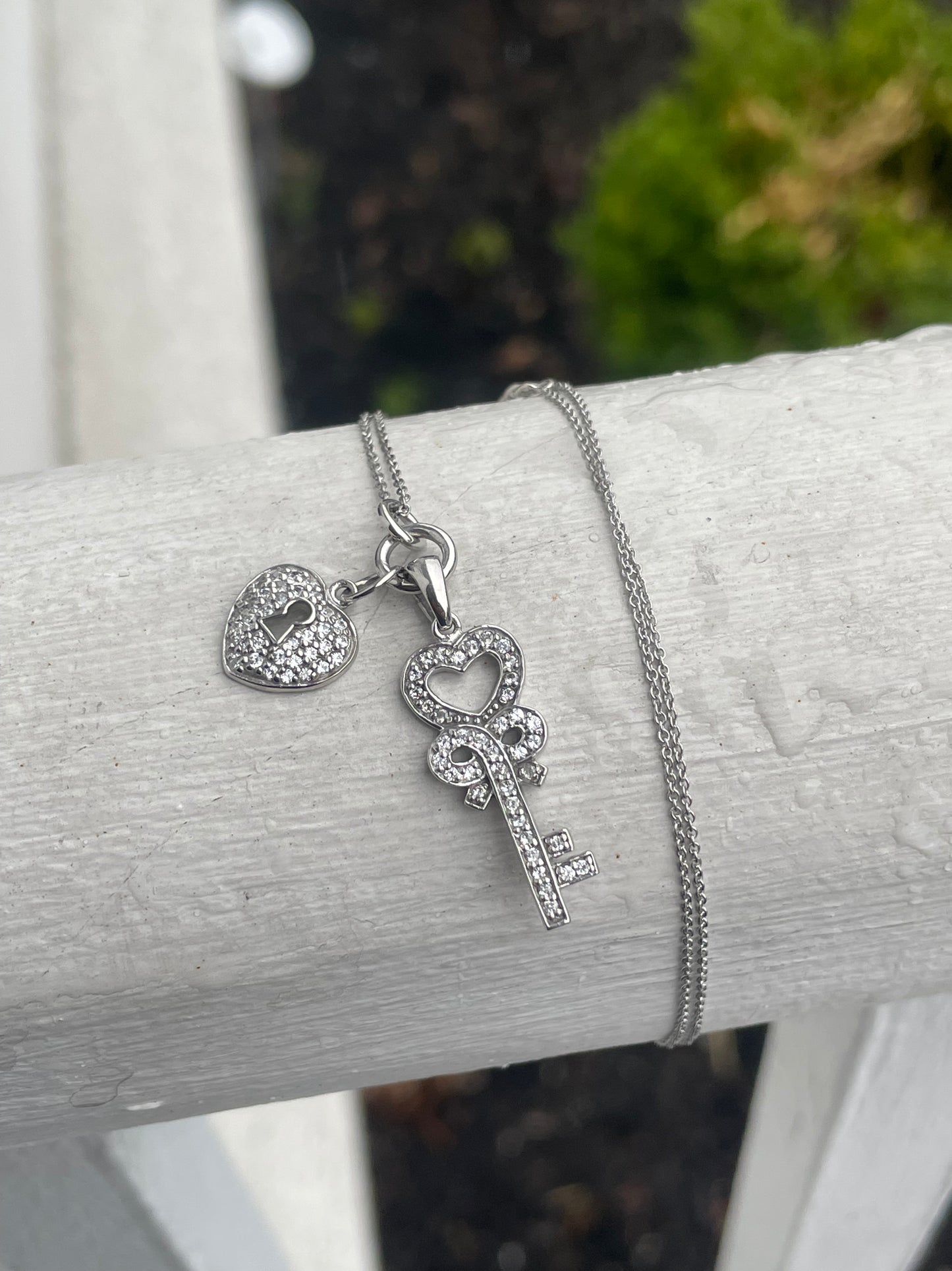925 Sterling Silver Cz Heart Lock and Key Necklace 16”-18”
