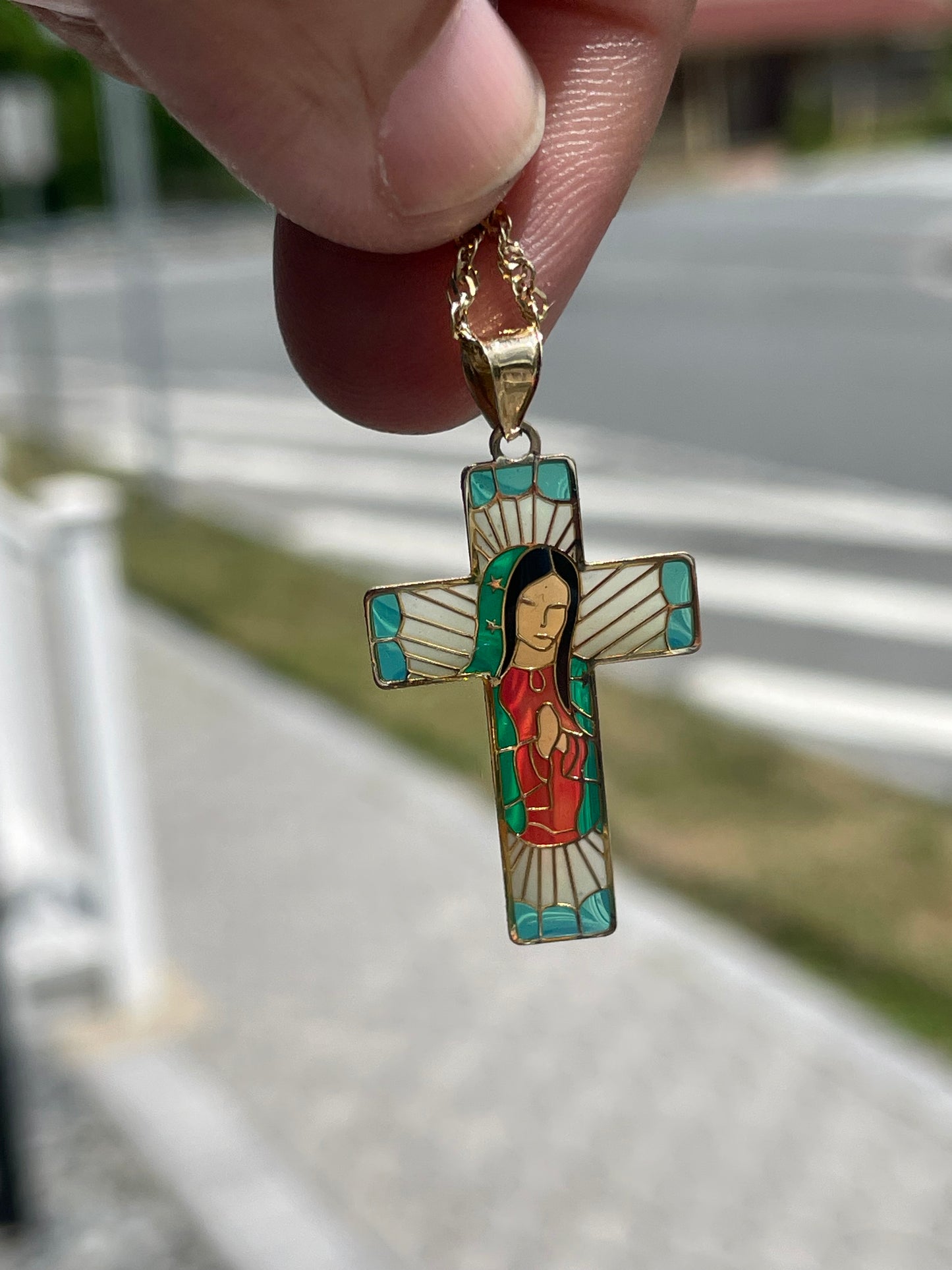 14k Gold Enameled Mother Mary Cross Necklace