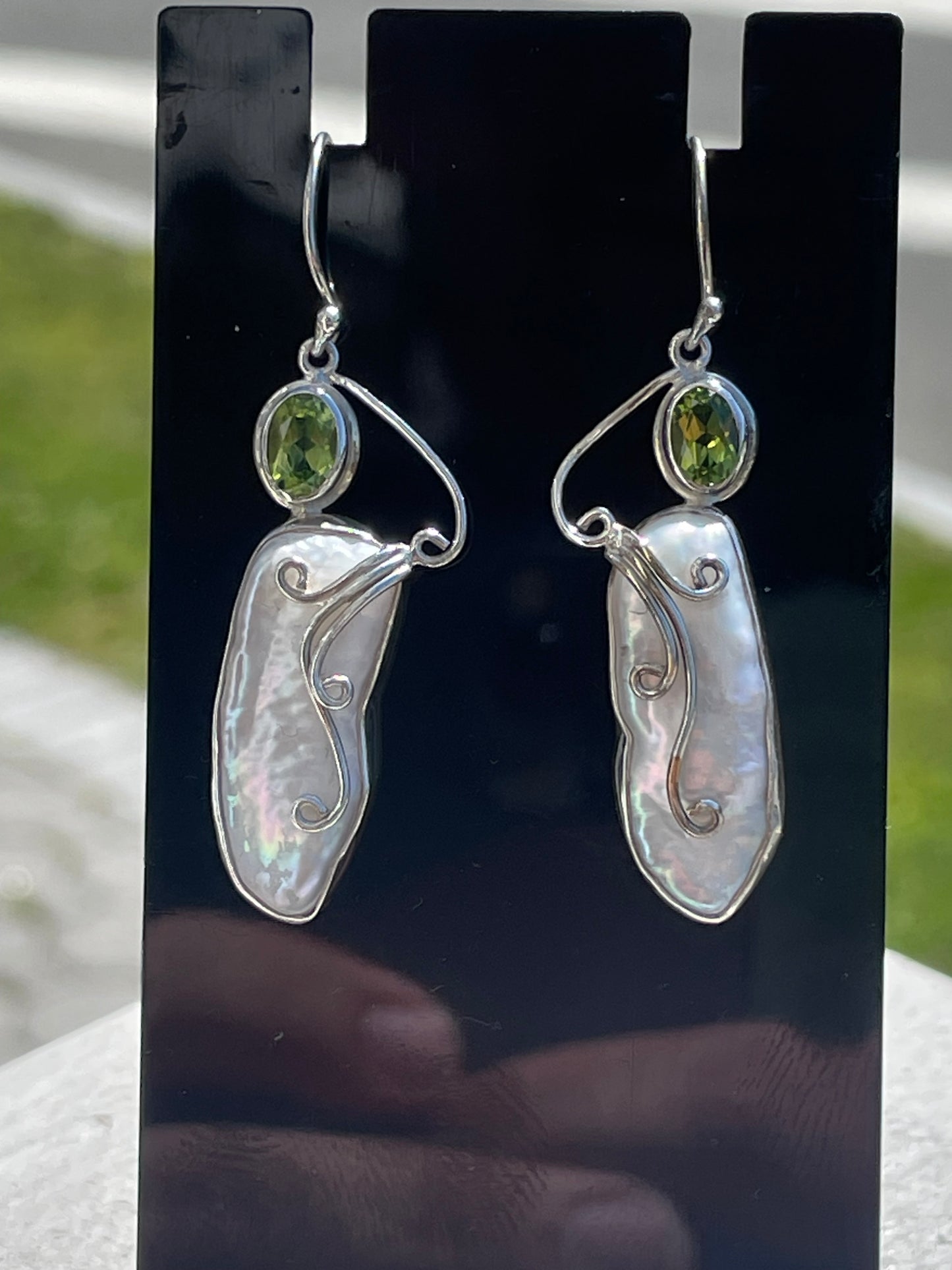 925 Sterling Silver Handmade Mother of Pearl & Peridot Dangle Earrings