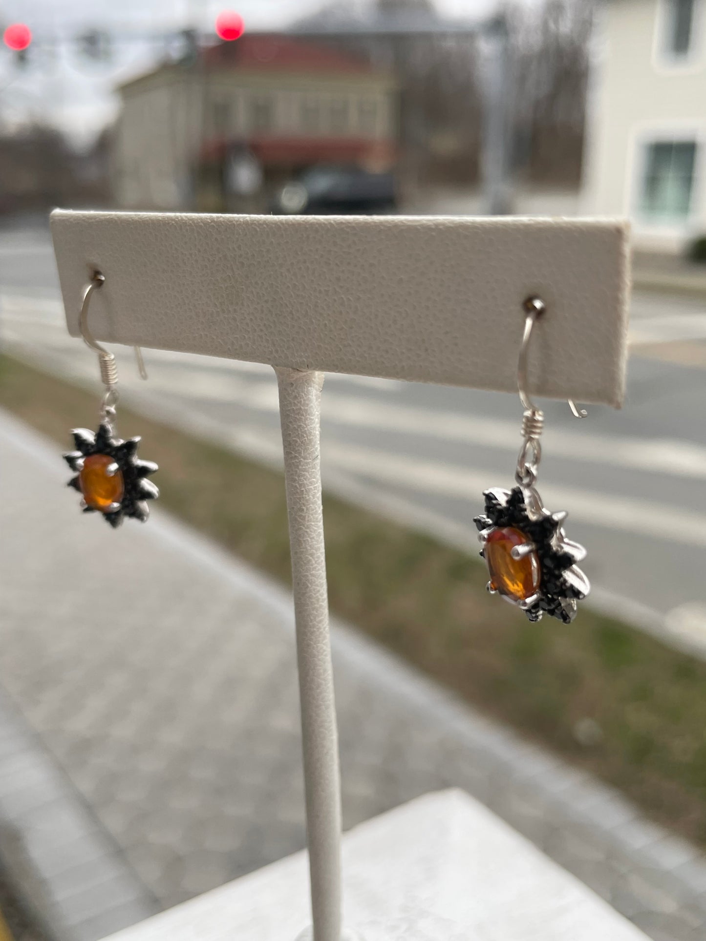 925 Sterling Silver Australian Opal and Black Zirconia Cluster Dangle Earrings